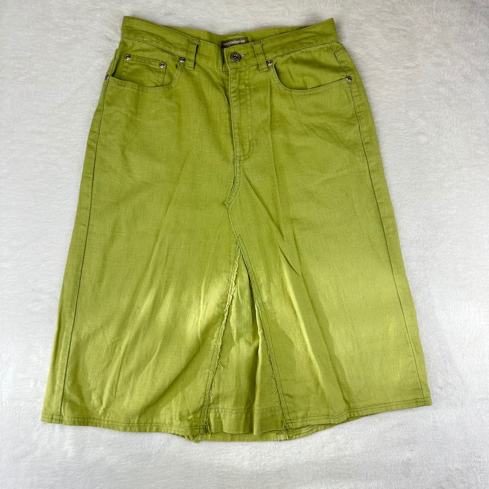 VTG Liz Claiborne Skirt Womens Midi Lizwear A-Line 6 Lime Green Linen Cotton